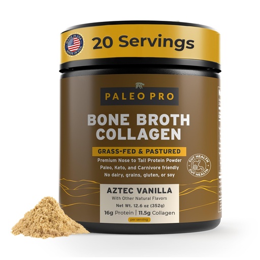 [BRSWGZD5C5YQEA36] PaleoPro Bone Broth Collagen Protein Powder - Turmeric Root Grass-Fed Collagen Powder for Skin & Bones - Gluten Free, No Sugar, Soy, Grains, Net Carbs - Paleo Keto Friendly 20 Servings Aztec Vanilla