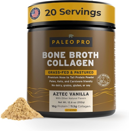 [BRSWGZD5C5YQEA36] PaleoPro Bone Broth Collagen Protein pulver - Turmerisk Root Grass-Fed Collagen pulver for hud og bein - Glutenfri, Ingen sukker, soya, korn, netto karbohydrater - Paleo Keto Vennlig 20 Serveringer Aztec Vanilla