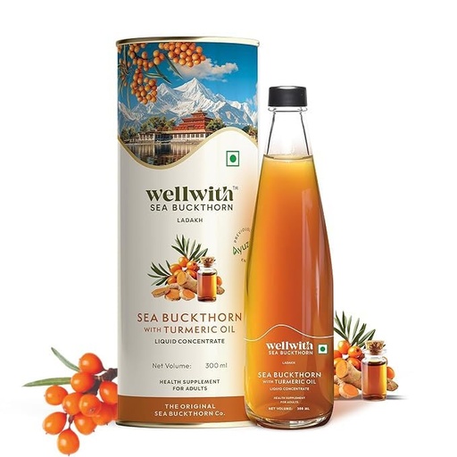 [BRSRAAYOCEAWECTZ] Wellwith by Ayuzera Turmeric Curcumin Oil with Sea buckthorn Berry Pulp 300ml | Kidney Detox | Hormonal Support and Skin Health Supplement | Ayurvedic and Natural, Makes 50 Glass Juice (Pack of 1)