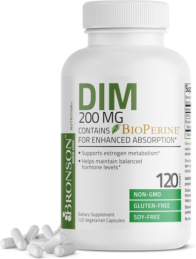 [BRSROZ35PMPRQADJ] Bronson DIM Supplément 200 MG Diindolyméthane avec BioPerine pour l'absorption accrue, le métabolisme et le maintien des niveaux d'hormone équilibrés, 120 capsules végétariennes