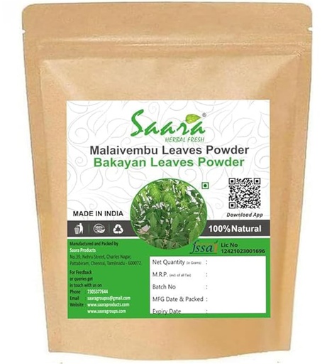 [BRSRAYDQPIIWEDL7] Malaivembu Leaves Powder, 100g, Bakayan, Chinaberry, Melia Azedarach Powder (Pack of 1 X 100g)