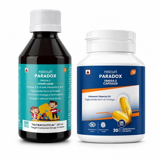 [BRSRYFIQOAARGCA7] Omega Family Pack – Omega 3 Capsules for Adults (30 Softgels) + Omega 3 Junior Liquid for Kids (120 ml) | Natural Triglyceride Form | No Fishy Aftertaste