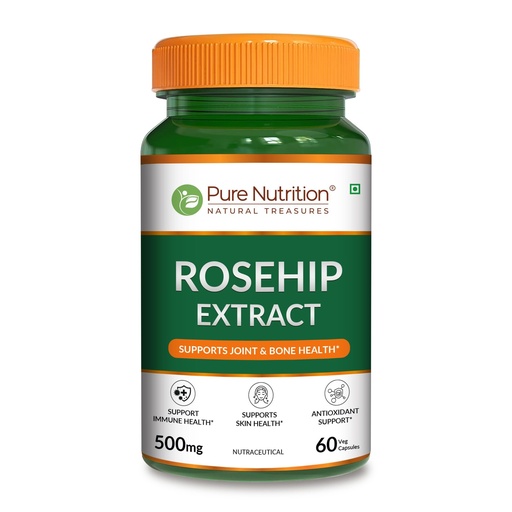 [BRSRGGQCOQIWO23A] Pure Nutrition Rosehip Extract |60 Veg Capsules | 500mg per Capsule | With Naturally Derived Vitamin C | Antioxidant & Joint Support Nutraceutical Supplement