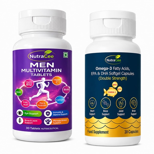 [BRSRYZILCAFBEGTV] Men's Health Combo | Men Multivitamin Tablets (30 Tablets) + Omega 3 Fish Oil Capsules (30 Softgels) | EPA DHA, Vitamins, Minerals & Probiotics | Immunity, Energy, Heart, Brain & Joint Support