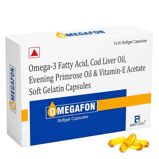 [BRSRY2QNBN7AGE3P] Omegafon Omega 3 Fish Oil Softgel Capsules for Men & Women | Cod Liver Oil, Evening Primrose Oil & Vitamin E | Supports Heart, Brain, Joint & Bone Health | Energy, Immunity & Antioxidant Support | Pack of 1