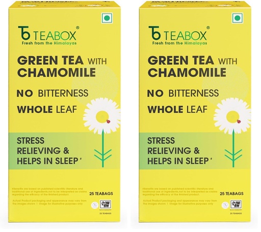 [BRSRYZAOOEIQKETO] Teabox Chamomile Green Tea 25 Tea Bags | With Egyptian Chamomile Flowers & Whole Leaf Green Tea | Calming Blend for Relaxation & Sleep | Low Caffeine, Fresh & Aromatic (Pack of 2)