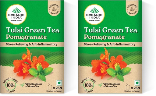 [BRSRYZAPDEHGGCI2] A TATA Product - Organic India Tulsi Green Tea Pomegranate - 25 Tea Bags, Certified Organic, Stress Relief, Rich in Antioxidant, Tulsi & Pomegranate Infusion (Pack of 2)
