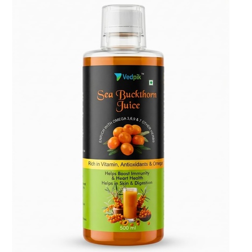 [BRSRGBQPAEHRM2TV] Vedpik Sea Buckthorn Juice - 500ml | With Omega 3, 6, 7 & 9, Natural Antioxidants & Vitamins | Formulated for Immunity, Skin Health, and Well-being (500ml (Pack of 1))