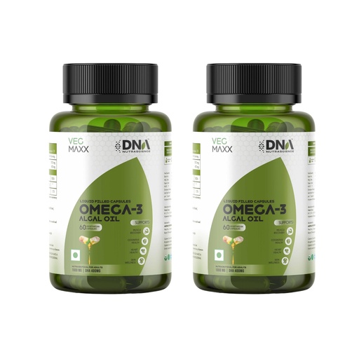 [BRSRGAYDOJYRSCLH] Veg Maxx Omega 3 Algal Oil 1000 mg with 400 mg DHA Plant Based Liquid Filled Capsules Unflavoured Pack of 2 x 60 Veg Capsules