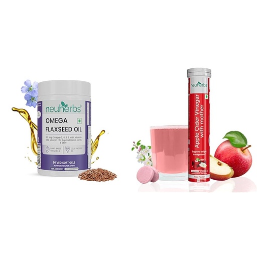 [BRSRYYADCUMQ2H32] Neuherbs Flaxseed Oil Omega 3 6 9 Capsules 1000mg For Men & Women | Cold Pressed Flaxseed Oil Veg | Neuherbs Apple Cider Vinegar with Mother Effervescent Tablet | Weight Loss Supplement with Vitamin