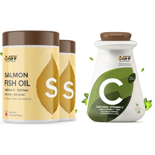 [BRSRYYADDEJR6AAU] MyFitFuel Salmon Fish Oil, 1000mg (180 EPA 120 DHA), 100 softgels | MyFitFuel Natural Vitamin C with Zinc, From Amla Extract Plant Based, (1000 mg), (50 Capsules) | I