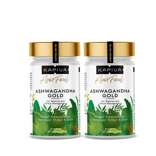 [BRSRMGQ6AFYWAGTK] Kapiva Ashwagandha Gold Capsules, 183rd day harvested Potent Nagori Ashwagandha With Gold, Shilajit | Helps in Stress Management, Improve Energy and Stamina | For Men & Women (60 Capsules) - Pack of 2