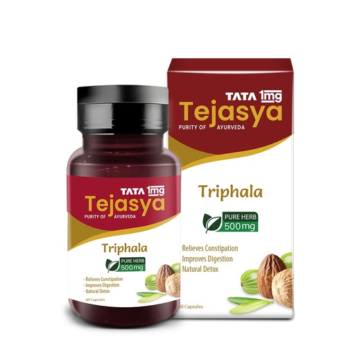 [BRSRMHD2CUPQMHTJ] Tata 1mg Tejasya Triphala Capsule Helps In Digestion, Relieve Constipation & Detoxification (Pack of 1, 500mg)