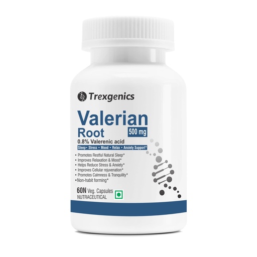 [BRSWYFQFDF6A2AL4] Trexgenics® VALERIAN Root 500mg Standardized (0.8% Valerenic acid) Sleep, Stress,Mood,Relax, Migraine, Anxiety Support (60 Veg capsules)