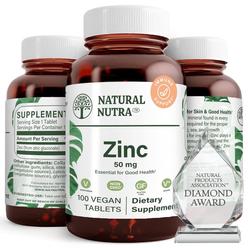 [BRSWIALYCEPWYCT2] Natural Nutra Zinc Gluconate 50mg Supplement for Immune Support, Promotes Skin Health, Provides Ease From Flu & Cold, Boost Learning & Memory, Enhance Taste & Smell, Gluten Free 50mg 100 Vegan Tablets