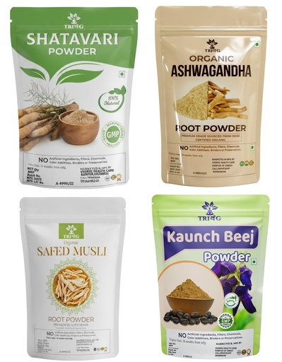 [BRSROFT5OYDRM3QU] Safed Musli, Ashwagandha, Kaunch, Shatavari Powder Combo - Herbal Supplement - 4 Items (100gm(eachPack))