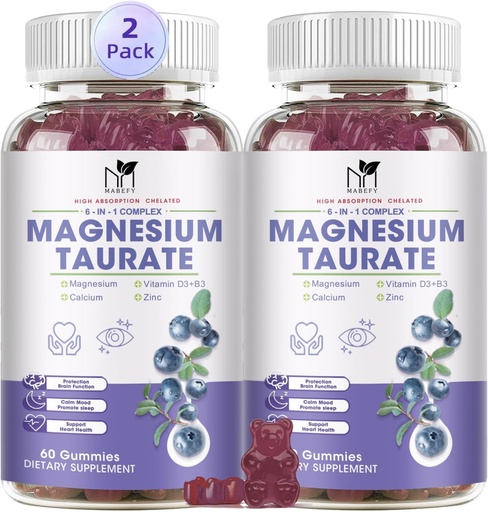 [BRSROAQRAQHQIHY6] 2 Pack Magnesium Supplement - Magnesium Taurate Magnesium Glycinate Gummies with Magnesium Aspartate, Malate, Chewable Magnesium Complex for Sleep, Muscle, and Heart Health Support