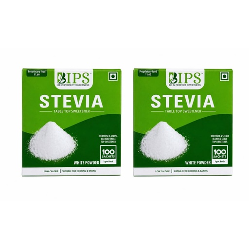 [BRSWGAQECAOREHLA] Bips Stevia Natural Sugar Free Sweetener Powder 1Gm 100 Sachets Box Pack of 2 Zero Calorie Diabetic Friendly