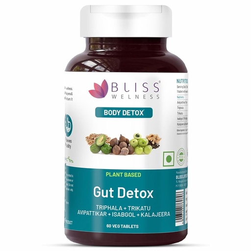 [BRSW2AIBB57WOYL6] Bliss Welness Gut Detox | Trikatu, Isabgol, Triphala, Avipattikar, Kalajeera | Supports Digestion, Metabolism, Toxin Removal, Acidity & Gas Control for a Healthy Gut Cleanse – 60 Veg Tablets