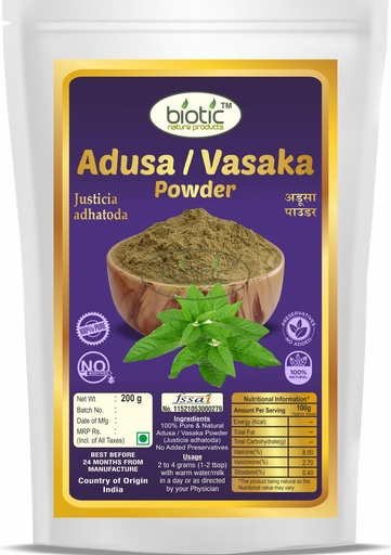 [BRSRMHAZCR6AOCLH] Biotic Natural Adusa Powder - Vasaka Powder - Adhatoda Vasica - Aadathodai - Adulsa - Adathodai Churna - 200gm