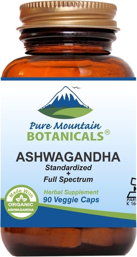[BRSWK2QTDEGGIEQ7] Pure Mountain Botanicals Ashwagandha Capsules - 90 Kosher Vegan Caps with 475mg Organic Ashwagandha Root & Potent Ashwagandha Extract