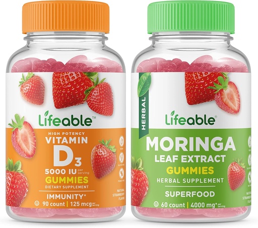 [BRSROZA3PJ4AMGT2] Lifeable Vitamin D 5000 IU + Moringa Leaf, Gummies Bundle - Great Tasting, Vitamin Supplement, Gluten Free, GMO Free, Chewable Gummy