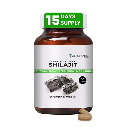 [BRSRYYAPAAIRU23B] ZEROHARM Nano Himalayan Shilajit With Ashwagandha, Safed Musli & Goksura | Boosts Fitness, Stamina | Improves Energy, Performance & Helps Manage Stress | For Men and Women | 30 Shilajit Tablets