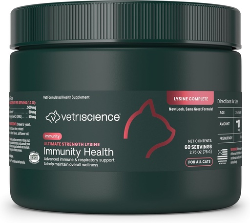[BRSRAYYKCQBBAGTL] VetriScience Ultimate Strength Lysine Immunity Health Powder for Cats & Kittens, Supplement for Allergy & Nasal Support, Sneezing, Runny Nose & Watery Eyes, Chicken & Cheese Flavor, 60 Count -New Look