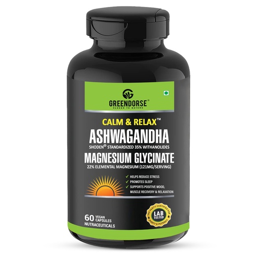 [BRSROYYZAUFQACLV] GREENDORSE Premium Shoden Ashwagandha 35% Withanolides with High grade Magnesium Glycinate & Probiotics- Calm & Relax™| For Stress Support, Calm & Relax Mind, Muscle recovery, Vitality Support - 60 Veg Capsules