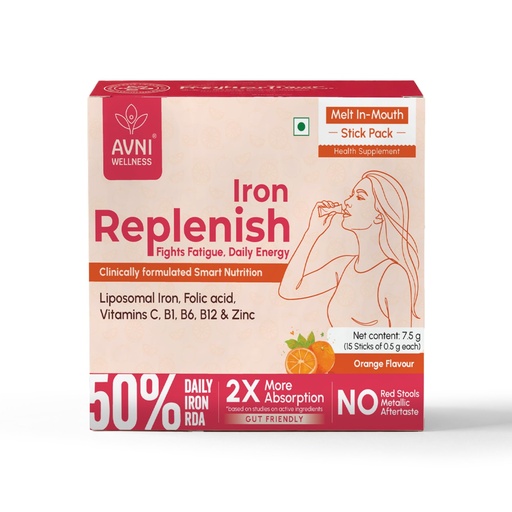 [BRSRYZD4OZ7G23A4] Replenish Iron supplement for Women by Avni Wellness, 50% RDA, Liposomal Iron, Zinc and 5 Vitamins, Melt-in-Mouth powder, 15 sachets
