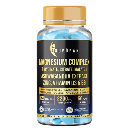 [BRSRAC37BN5W2E35] Triple Magnesium Complex Tablets | Glycinate, Malate & Citrate | 296mg Elemental Magnesium | Ashwagandha, L-Theanine, Zinc & D3 | Stress Support, Calm Focus & Muscle Function | 120 Tablets (60 Days)
