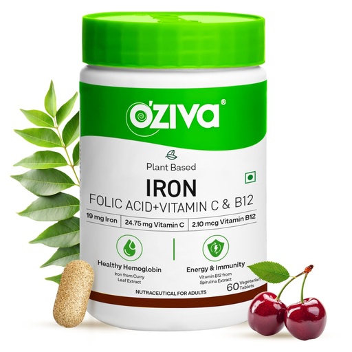 [BRSREZAEDN4GYH3U] OZiva Iron Supplement with Folic Acid, Vitamin C & B12 | Supports hemoglobin, energy & immunity | For Men & Women - 60 Tablets