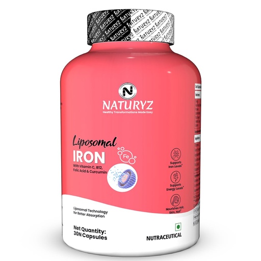 [BRSRGBA2BMHRYEI7] NATURYZ Liposomal Iron Capsules with Folic Acid, Vitamin B12, Vitamin C & Curcuma Longa | Liposomal Technology High Absorption Iron Supplement for Men & Women | Supports Hemoglobin, Energy & Immunity | Gentle on Stomach | 30 Veg Capsules
