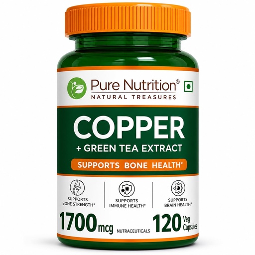 [BRSRE2QLOACBMH3J] Pure Nutrition Copper Supplements | Copper Tablets Capsules for Men & Women 1700mcg with Green Tea Extract | Support Connective Tissues, Brain Health, Boost Immunity - 120 Veg Capsules