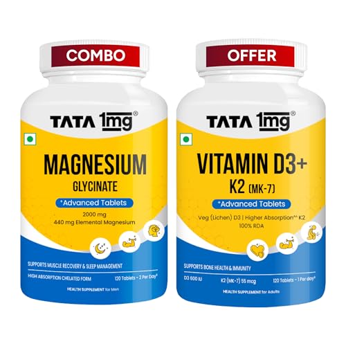 [BRSRGAA7OYMBMFIU] Tata 1mg Magnesium Glycinate, 120 Tablets + Tata 1mg Vitamin D3+K2, 120 Tablets