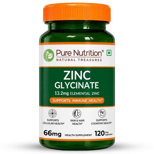 [BRSRGZQRA4FREETH] Pure Nutrition Zinc Glycinate Supplement (66 mg) | 120 Veg Capsules | 13.2 mg Elemental Zinc | Daily Zinc Supplement for Skin, Hair & General Wellness