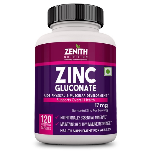 [BRSWGYIZPMIGOFLB] Zenith Nutrition Zinc Gluconate – Elemental Zinc Composition 17 mg | 120 veg capsules | Supports Healthy Immune System
