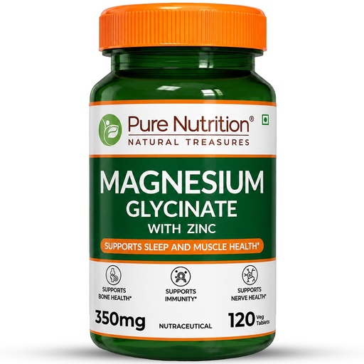 [BRSW2FTROADQM3TO] Pure Nutrition Magnesium Glycinate with Zinc Supplement 350 mg - 120 Tablets | High Absorption Magnesium Supplement for Bone, Muscle & Nerve Vitality | Supports Calm, Sleep Quality & Cramp Relief