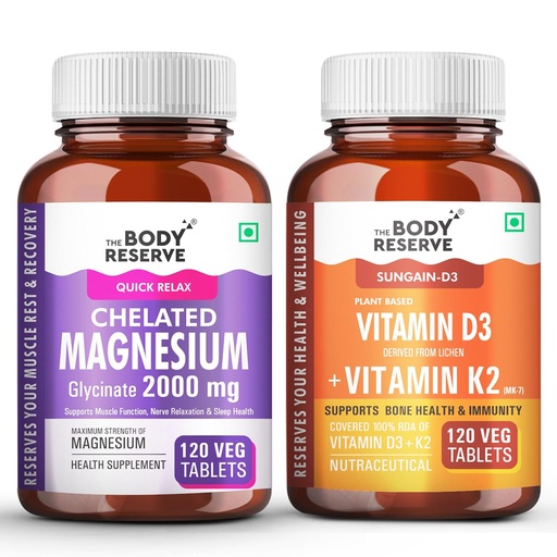 [BRSRYZYYA4MR6FDL] The Body Reserve Chelated Magnesium Glycinate 2000mg + Vitamin D3 K2 (MK-7) | Bone, Muscle & Sleep Support | 120 Veg Tablets Each | Combo Pack