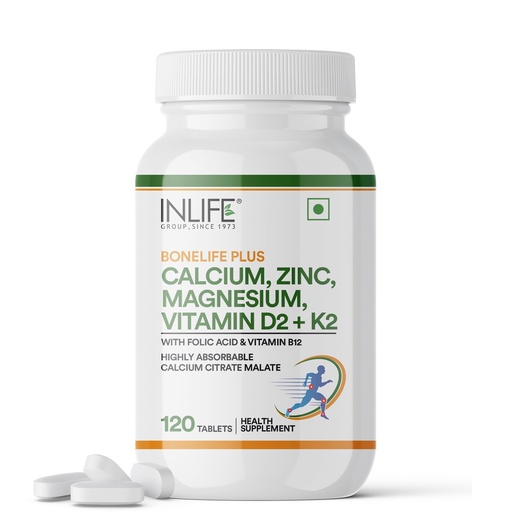 [BRSWYCYPOQCBACDU] INLIFE Calcium Magnesium Zinc D2 B12 K2 MK7, Bone & Joint, 120 Tablets