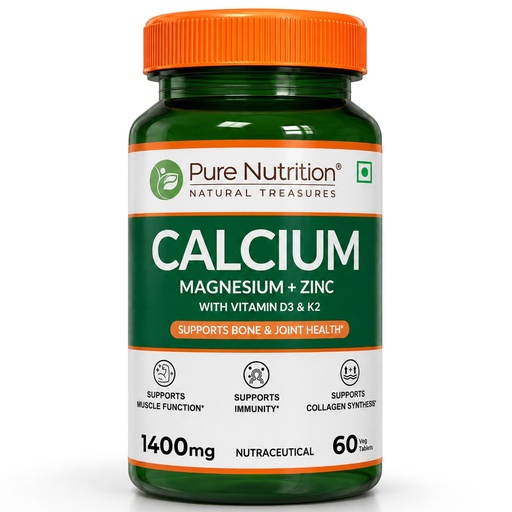 [BRSRMYLYCEIB6G3B] Pure Nutrition Calcium with Magnesium, Zinc, Vitamin D3 & K2 (600 IU) – Calcium Tablets Supports Bone, Joint & Muscle Health, Boosts Collagen Synthesis for Men & Women 60 Tablets