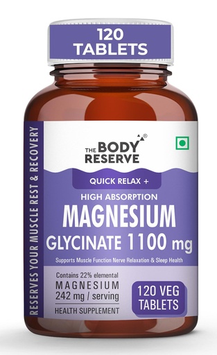 [BRSRAFAKCIDRGDL6] The Body Reserve Magnesium Glycinate Supplement - 120 Veg Tablets, 1100mg Per Serving, High Absorption Chelated Form - Muscle & Nerve Health, Relaxation for Men & Women