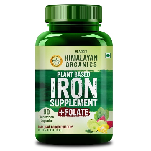 [BRSWYCYROZYQKCLX] Vlado's Himalayan Organics Plant Based Iron Supplement for Women and Men | Folic Acid Tablets for Pregnancy | Hemoglobin Booster I With Vitamin B12,Vitamin C and folic acid - 90 Veg Capsules