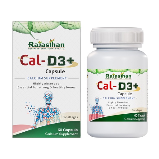 [BRSRA2YYCUDQYA33] Cal-D3+ Capsules by Rajasthan Aushdhalaya | Calcium Supplement | Essential for Strong & Healthy bones | 60 Capsules