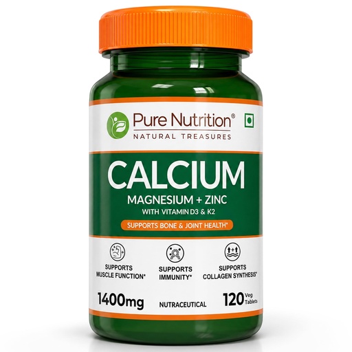 [BRSREZIYCICBECAV] Pure Nutrition Calcium Tablets with Magnesium, Zinc, Vitamin D3 & K2 (600 IU) – Calcium Magnesium Zinc Supports Bone, Joint & Muscle Health, Boosts Collagen Synthesis for Men & Women - 120 Tablets