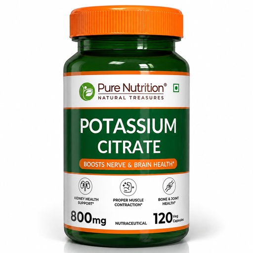 [BRSRAAL6OAPBQH3G] Pure Nutrition Potassium Citrate 800mg | Potassium Supplements promotes Nerve, Muscle, Joint & Bone Health | Supports Kidney Function & pH Balance | Boosts Electrolyte Levels for Hydration & Overall Wellness - 120 Veg Capsules