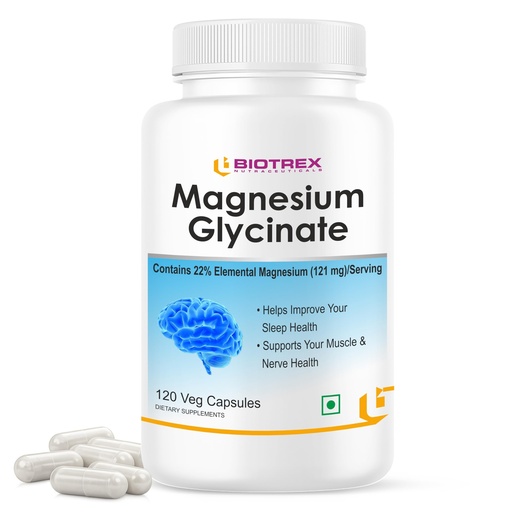 [BRSRAYI5CF7RADI2] Biotrex Nutraceuticals Magnesium Glycinate | Highest Bioavailability | Cramps, Sleep & Mood balance | Chelated Form With Superior Absorption | Muscle Recovery & Nerve Function | 120 Veg Capsules