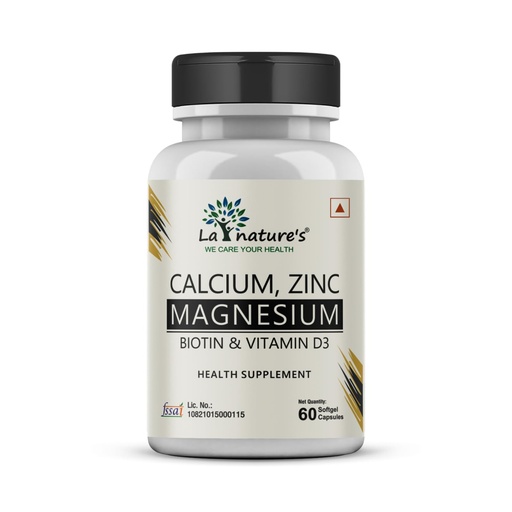 [BRSW2EAKAAFWKFI7] La Nature's Calcium Magnesium Zinc With Biotin & Vitamin D3 - Calcium Citrate 500 Mg And Vitamin D3 400 Iu - Adults - 60 Softgels