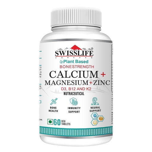 [BRSROBD6OV6Q2A36] SWISSLIFE FOREVER Calcium Magnesium Zinc with Vitamin D3, K2 MK7 & B12 | Bone Strength, Immunity & Nerve Health Support | Calcium Supplement for Men & Women | 60 Tablets