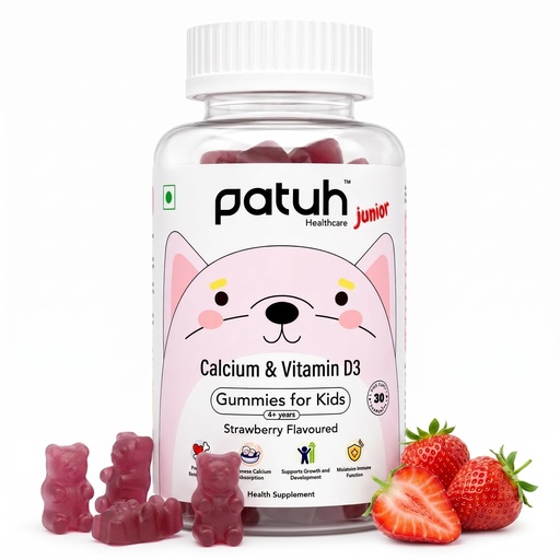 [BRSRAGD4O5YB6D32] Calcium and Vitamin D3 Gummies for kids (4 years+) | 30 Day Pack | Calcium and D3 Gummies for Kids | 100% Vegetarian, Natural Strawberry flavour